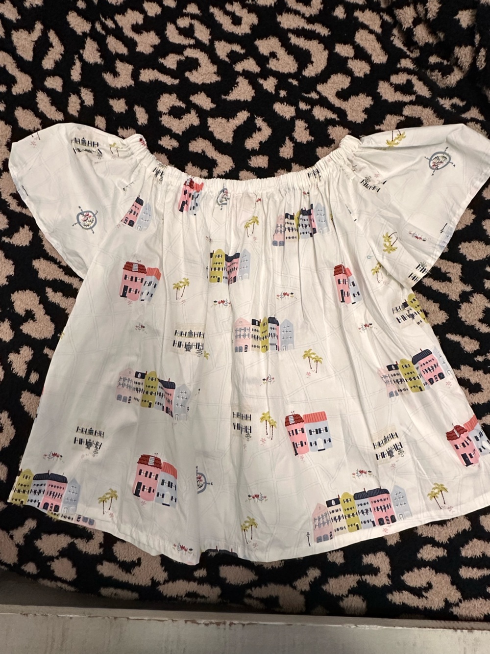 White Kids Dress with Pink & Yellow Town Print